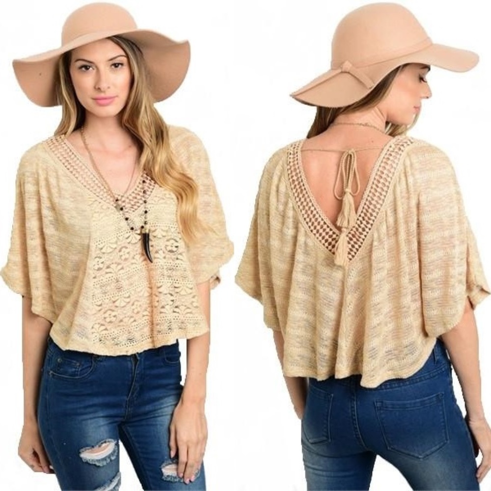 Open Knit Loose Fit Crop Poncho Cape Top | Taupe